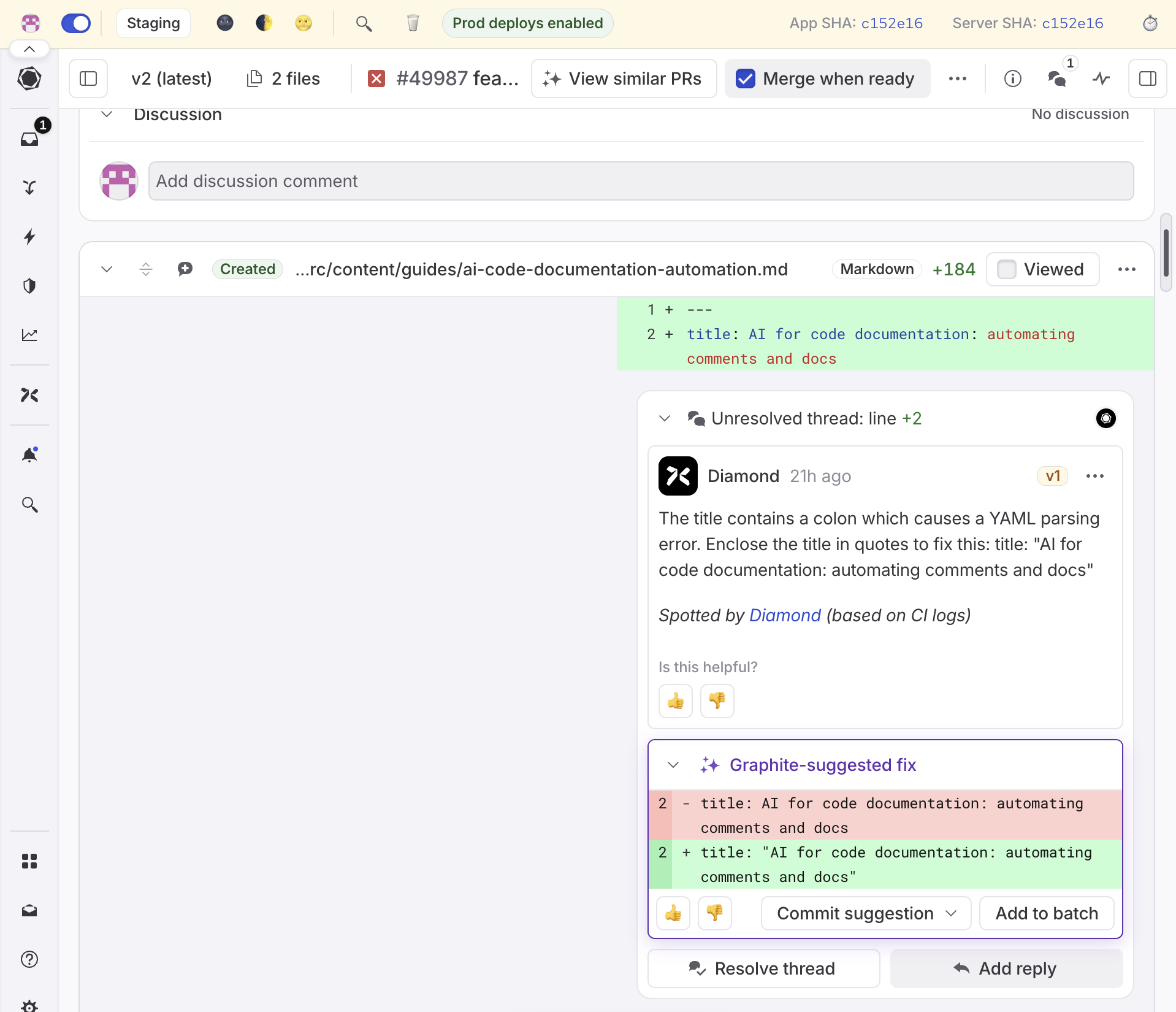 screenshot of diamond comment and suggested fix
