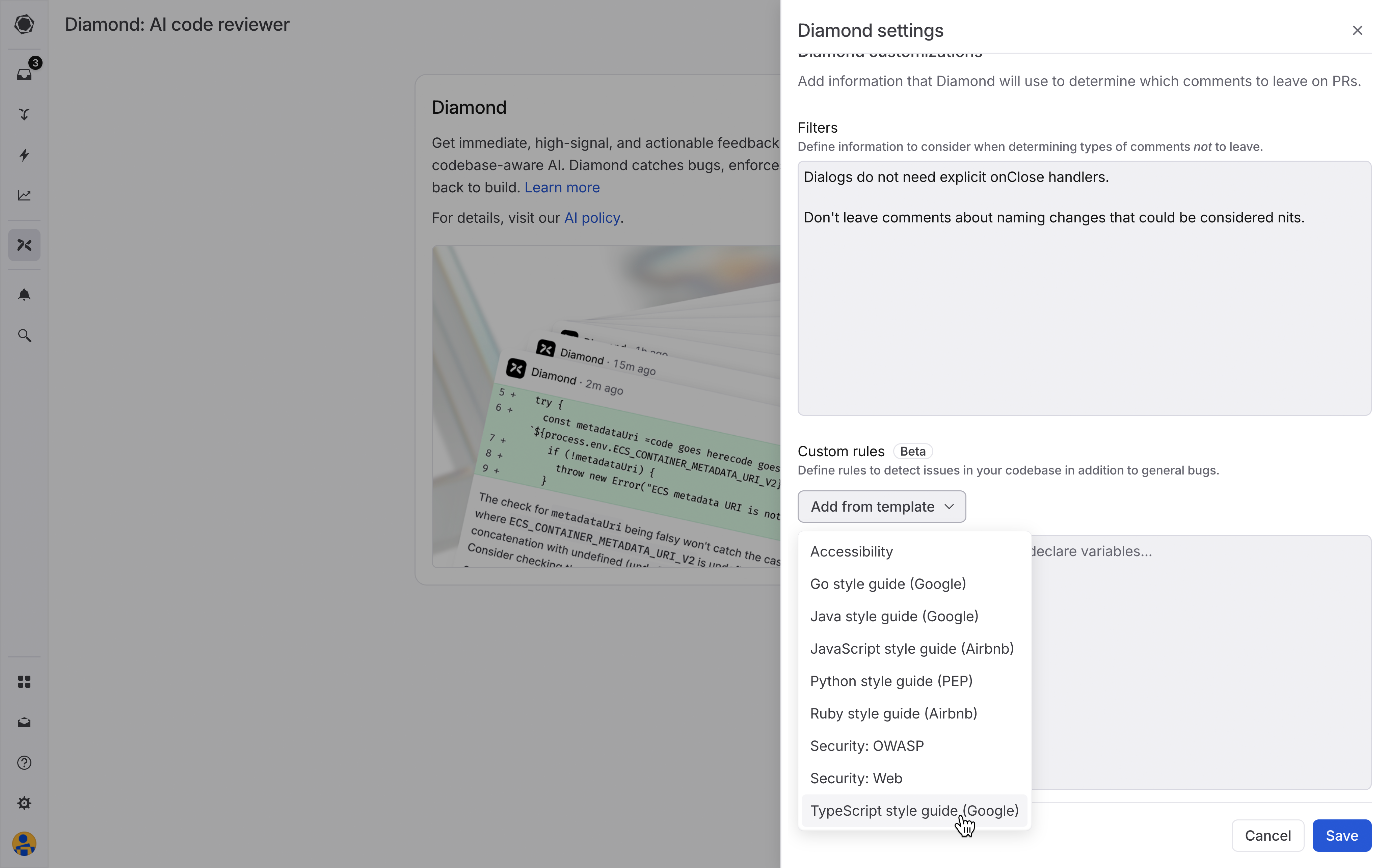 screenshot of diamond style guides