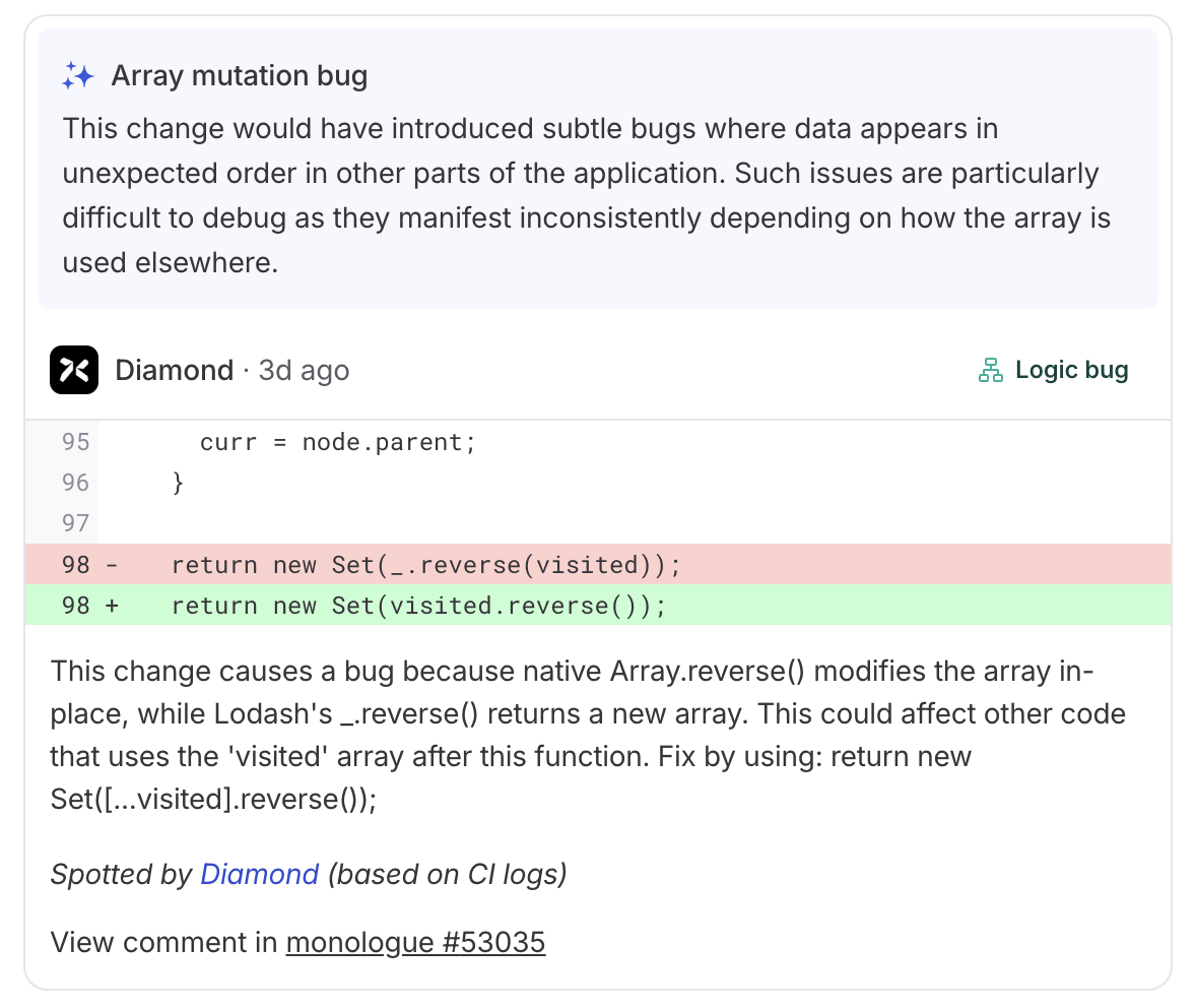 screenshot of Diamond comment