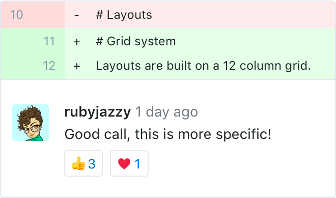 close up screenshot of the comment feature in GitHub where rubyjazzy comments "Good call, this is more specific!"