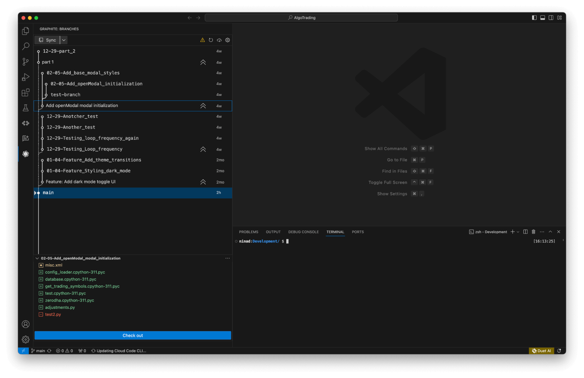 screenshot of a pull request stacking workflow through its CLI integration and VS Code extension on Graphite