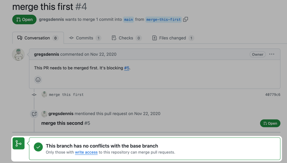 screenshot of merge conversation showing "this branch has no conflicts with the base branch"