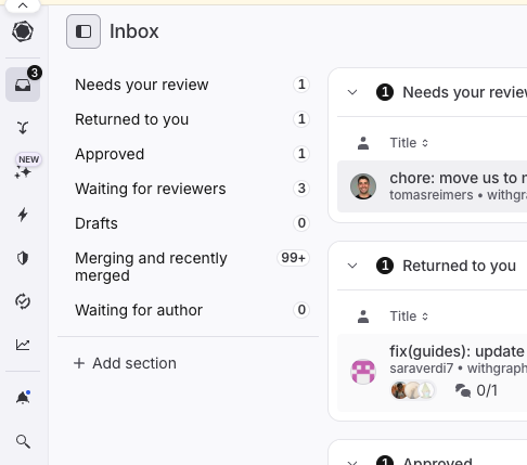 screenshot of graphite's pull request inbox