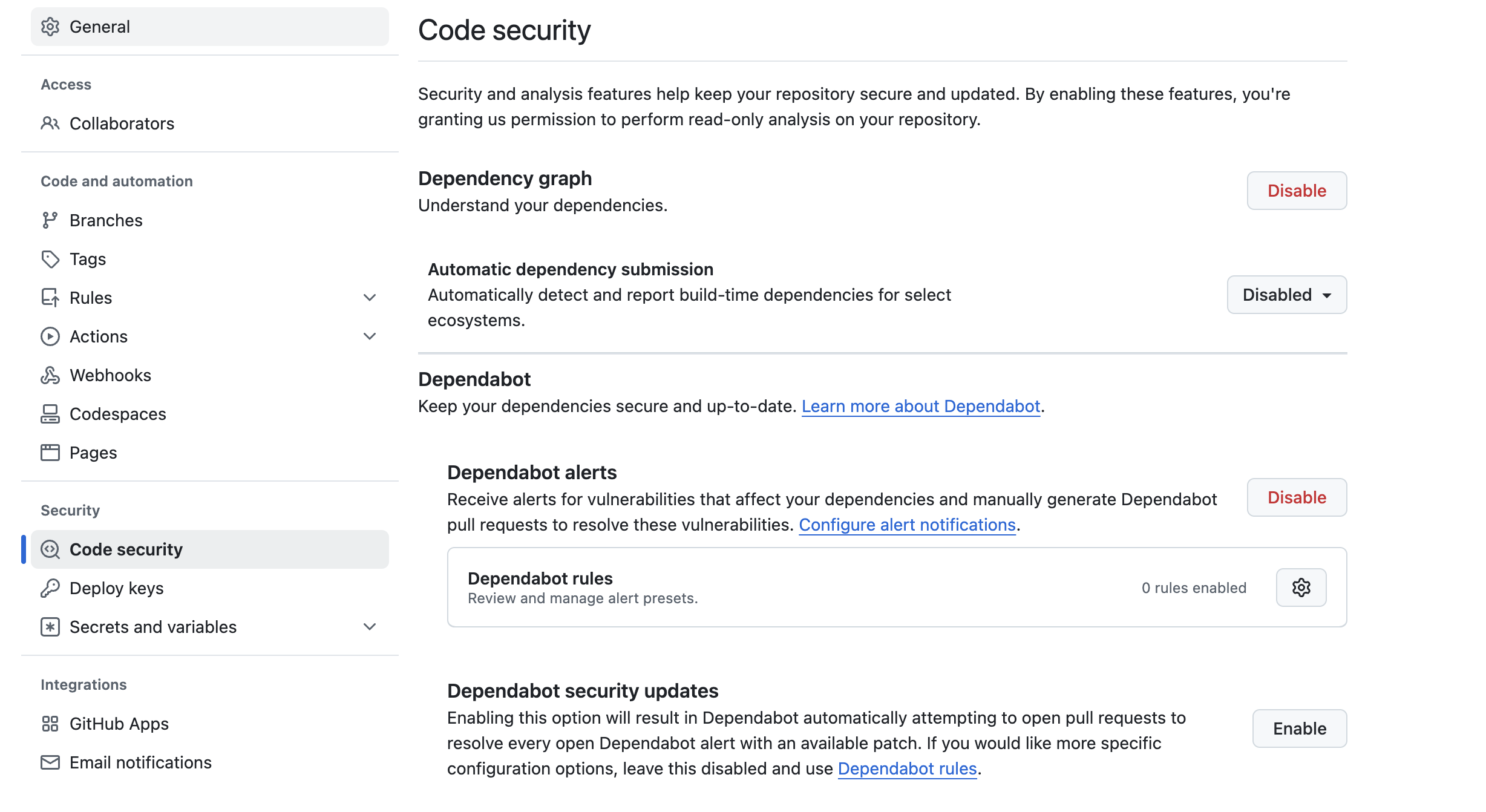 screenshot of enabling dependabot